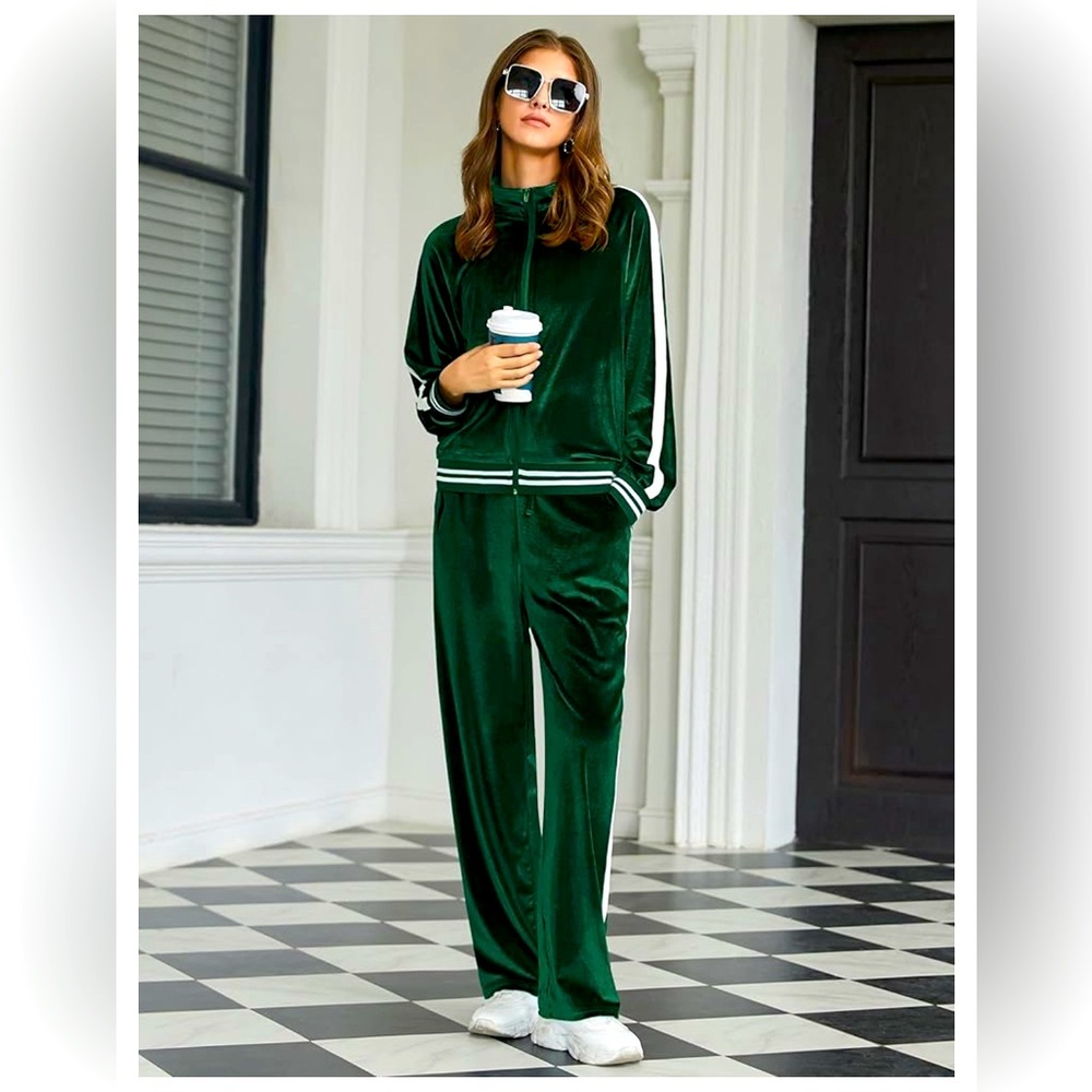 Women’s Forest Green Velour Track Pants - Casual Wide Leg